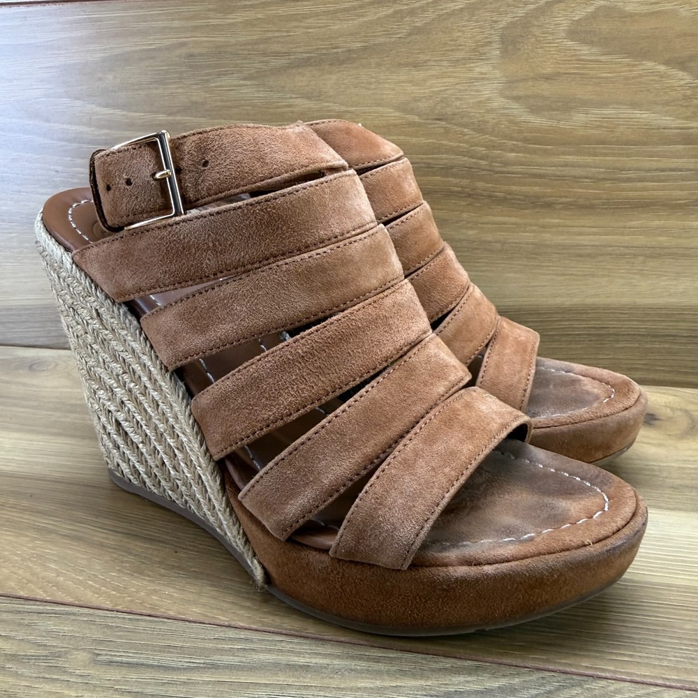 Tory Burch Tan Suede Wedge Sandals Womens 6.5 Ankle Strap Espadrille Platform